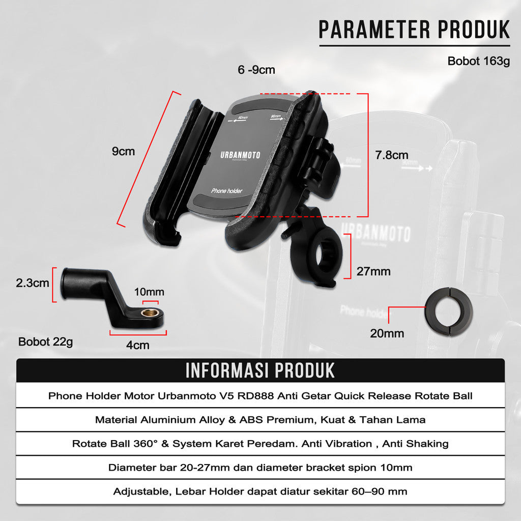 Phone Holder Motor Urbanmoto V5 RD888 Anti Getar Quick Release Rotate Ball Bracket Spion Stang