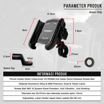 Phone Holder Motor Urbanmoto V5 RD888 Anti Getar Quick Release Rotate Ball Bracket Spion Stang