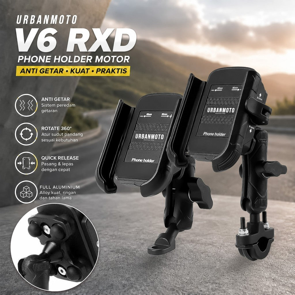 Phone Holder Motor Anti Getar Urbanmoto V6 RXD Quick Release Rotate Ball Full Aluminium Aloy Bracket Spion Stang