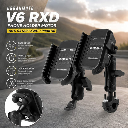 Phone Holder Motor Anti Getar Urbanmoto V6 RXD Quick Release Rotate Ball Full Aluminium Aloy Bracket Spion Stang