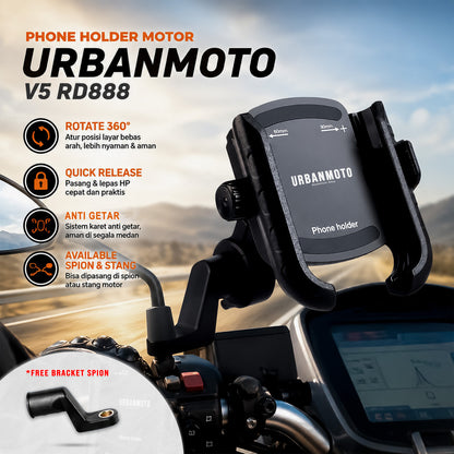 Phone Holder Motor Urbanmoto V5 RD888 Anti Getar Quick Release Rotate Ball Bracket Spion Stang