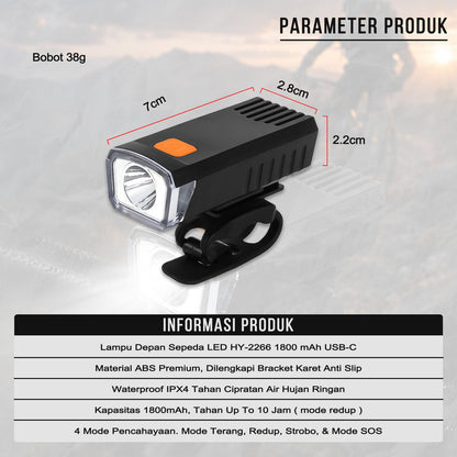 Lampu Sepeda Depan LED HY-2266 1800mAh Type-C Rechargeable Waterproof MTB Road Bike Seli Lipat