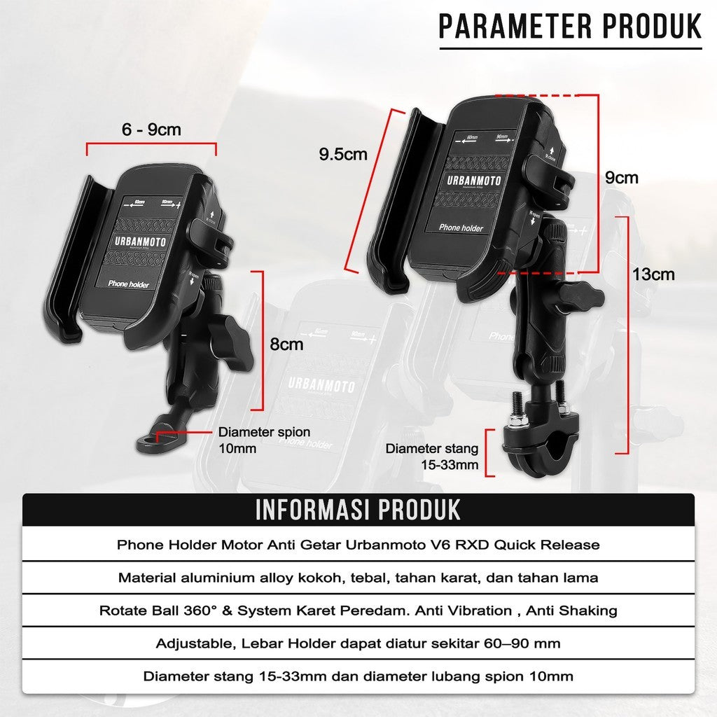 Phone Holder Motor Anti Getar Urbanmoto V6 RXD Quick Release Rotate Ball Full Aluminium Aloy Bracket Spion Stang