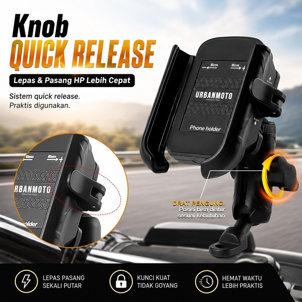 Phone Holder Motor Anti Getar Urbanmoto V6 RXD Quick Release Rotate Ball Full Aluminium Aloy Bracket Spion Stang