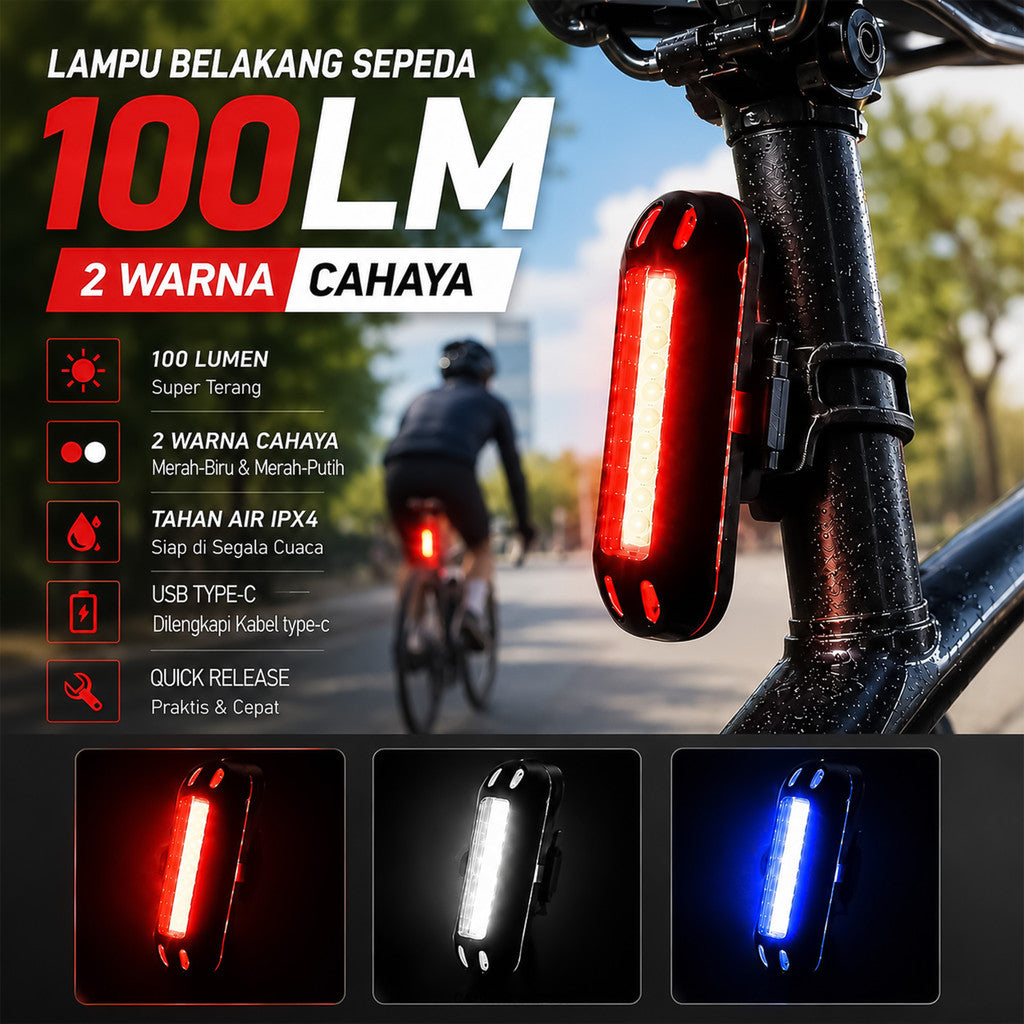 Lampu Belakang Sepeda LED USB Rechargeable 100 Lumens Bengguo BG-602 2 Warna Cahaya Waterproof MTB