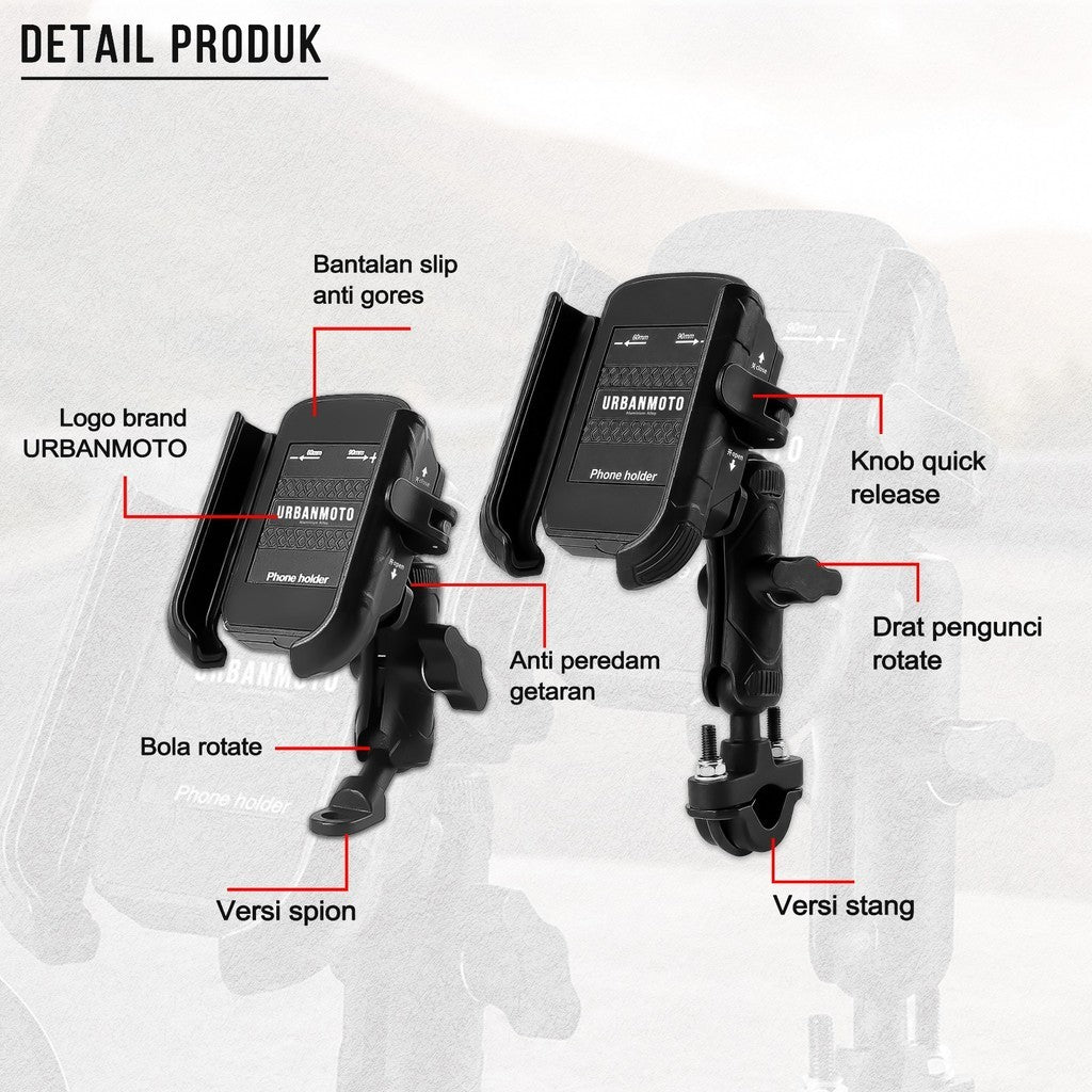 Phone Holder Motor Anti Getar Urbanmoto V6 RXD Quick Release Rotate Ball Full Aluminium Aloy Bracket Spion Stang