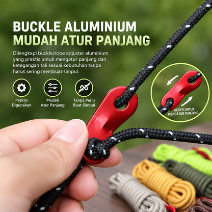 Tali Flysheet Tenda Reflektif 4mm 4 Meter Guyline Camping + Buckle Aluminium Rope Adjuster