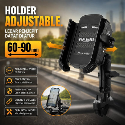 Phone Holder Motor Anti Getar Urbanmoto V6 RXD Quick Release Rotate Ball Full Aluminium Aloy Bracket Spion Stang