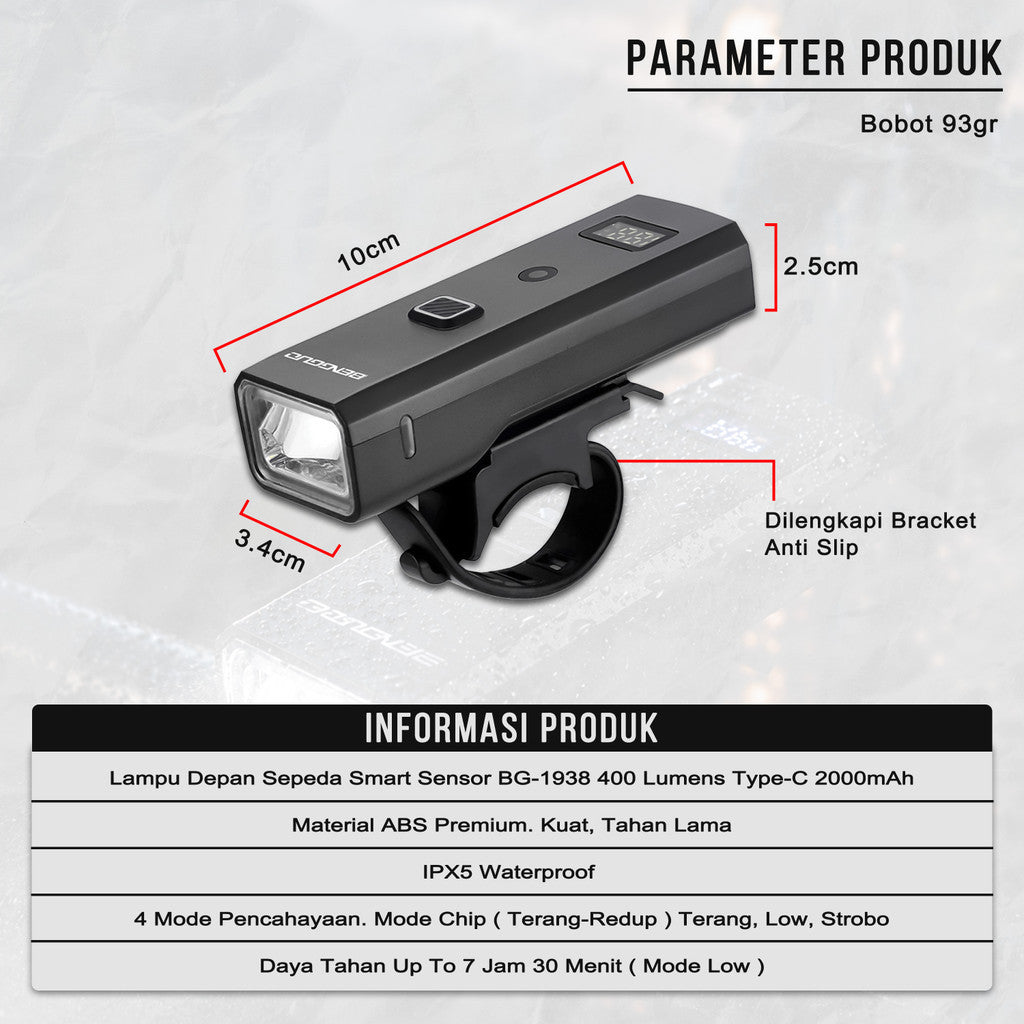 Lampu Depan Sepeda Smart Sensor BG-1938 400 Lumens Type-C 2000mAh Waterproof MTB Roadbike