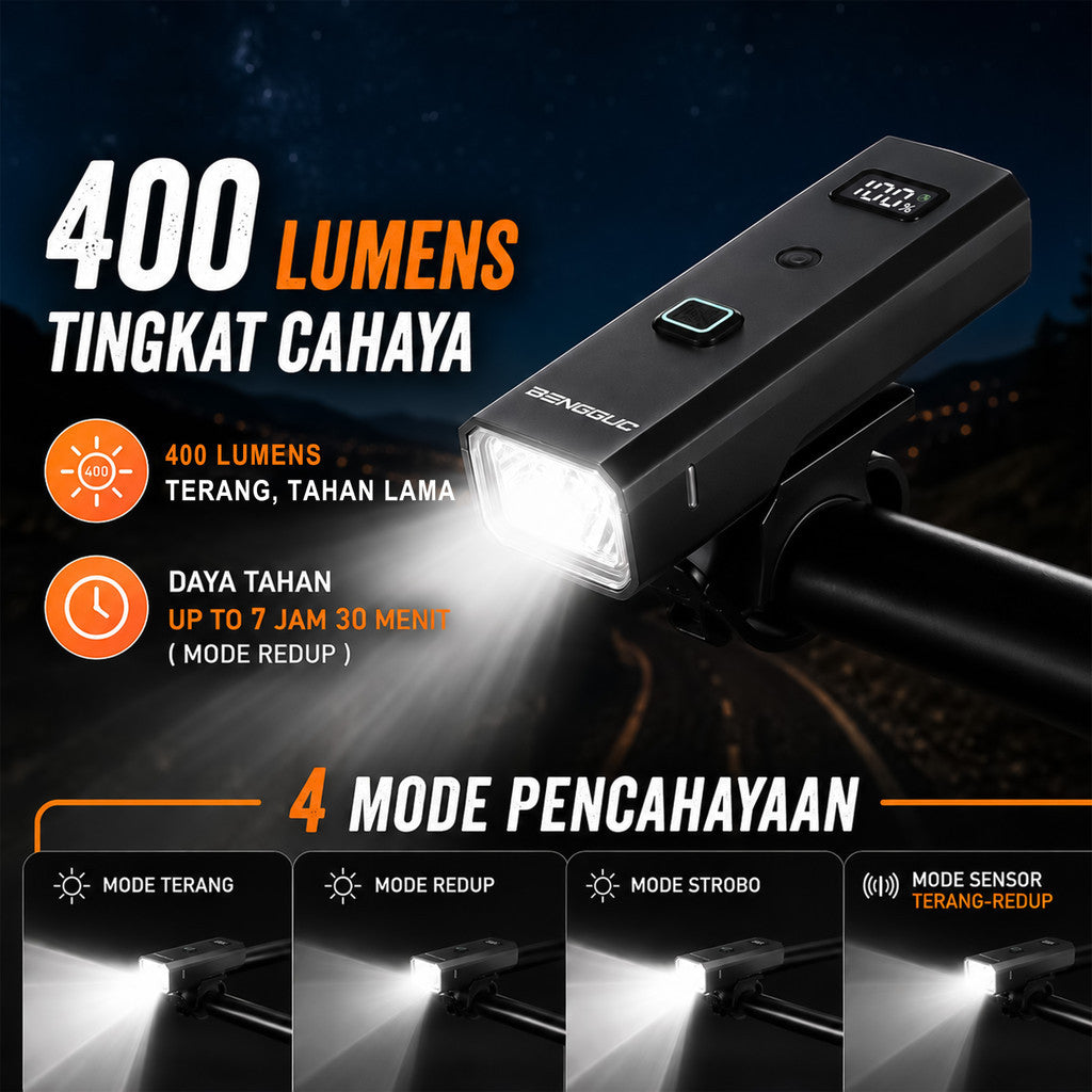 Lampu Depan Sepeda Smart Sensor BG-1938 400 Lumens Type-C 2000mAh Waterproof MTB Roadbike