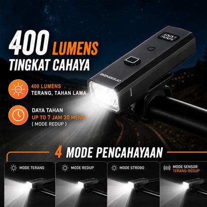 Lampu Depan Sepeda Smart Sensor BG-1938 400 Lumens Type-C 2000mAh Waterproof MTB Roadbike