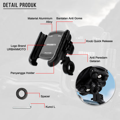 Phone Holder Motor Urbanmoto V5 RD888 Anti Getar Quick Release Rotate Ball Bracket Spion Stang