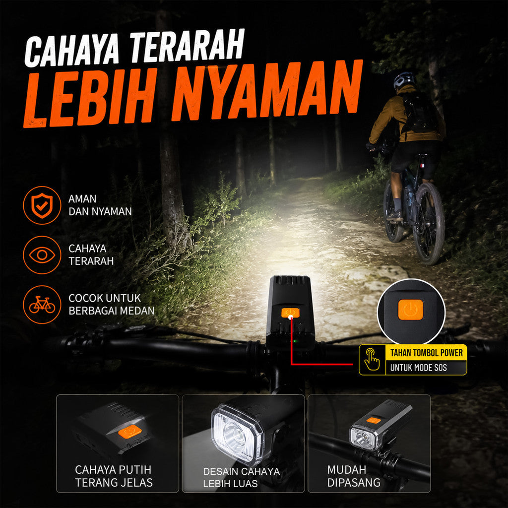 Lampu Sepeda Depan LED HY-2266 1800mAh Type-C Rechargeable Waterproof MTB Road Bike Seli Lipat
