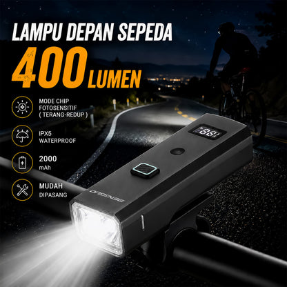 Lampu Depan Sepeda Smart Sensor BG-1938 400 Lumens Type-C 2000mAh Waterproof MTB Roadbike