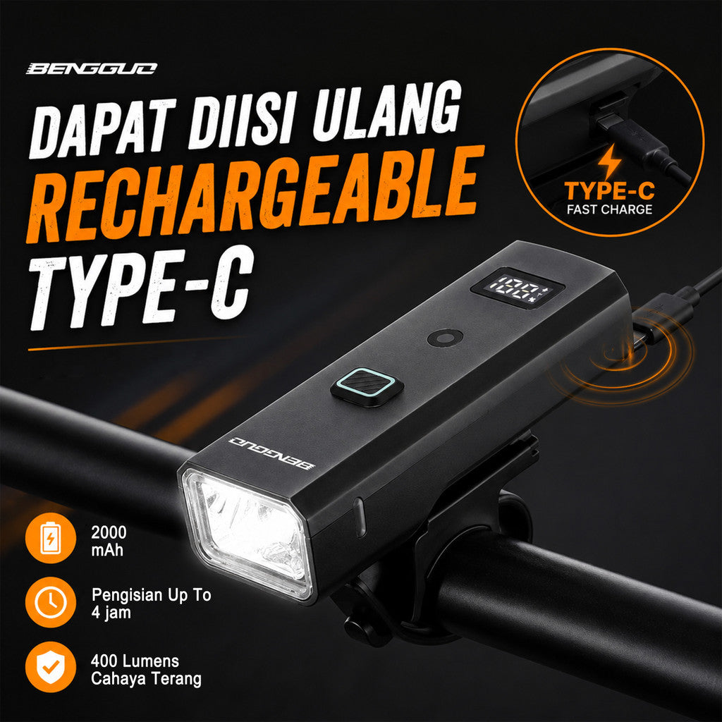 Lampu Depan Sepeda Smart Sensor BG-1938 400 Lumens Type-C 2000mAh Waterproof MTB Roadbike