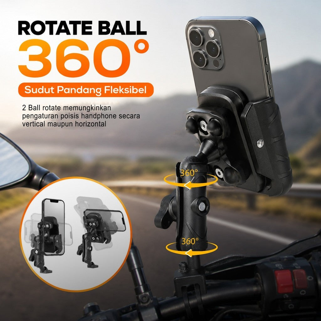 Phone Holder Motor Anti Getar Urbanmoto V6 RXD Quick Release Rotate Ball Full Aluminium Aloy Bracket Spion Stang